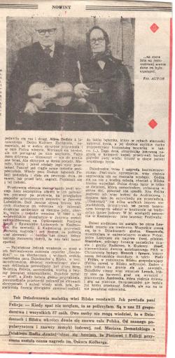 Artykuł Bogdana Biskupa "Ich dwoje" poświęcony Felicji i Piotrowi 
Dziadoszom opublikowany w gazecie "Nowiny" (Rzeszów) w 1986. (Ze zbiorów
 Janowskiego Ośrodka Kultury) cz II&nbsp; 